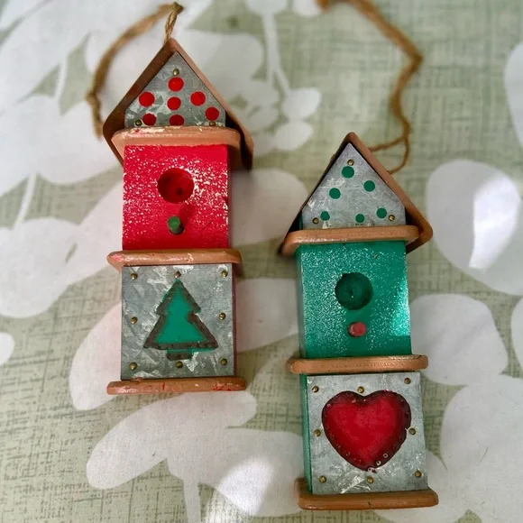Vintage Festive Winter Handmade Wooden Bird House Wall Hanging Home Decor Set - Picture 5 of 8